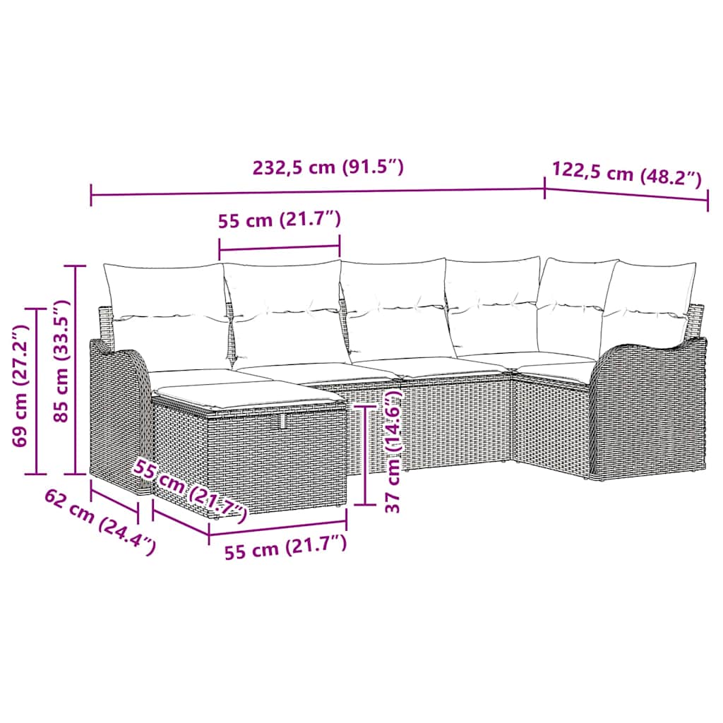 Garten-Sofa-Set 6 pcs Schwarz und Creme 232,5 x 122,5 x 85 cm